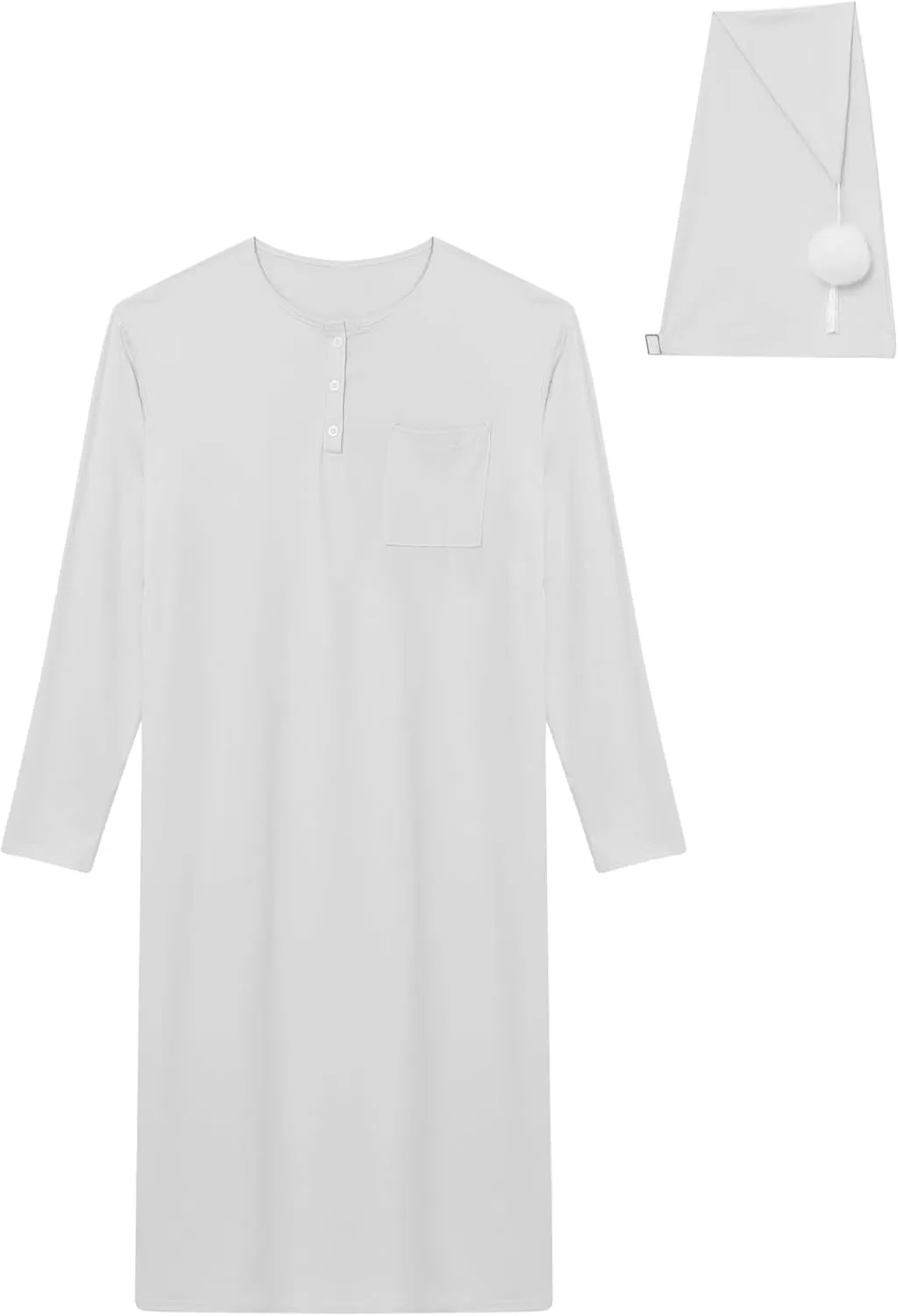 Men's Nightshirt Long Sleeve Nightgown Soft Loose Sleepwear Lightweight Nightwear Sleep Cap