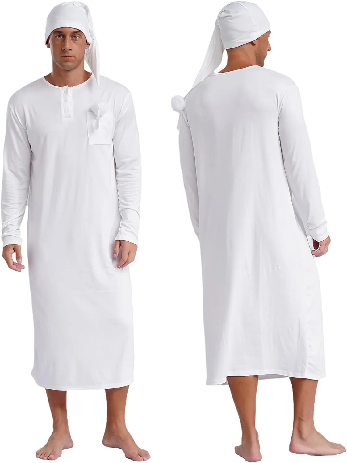 Men's Nightshirt Long Sleeve Nightgown Soft Loose Sleepwear Lightweight Nightwear Sleep Cap
