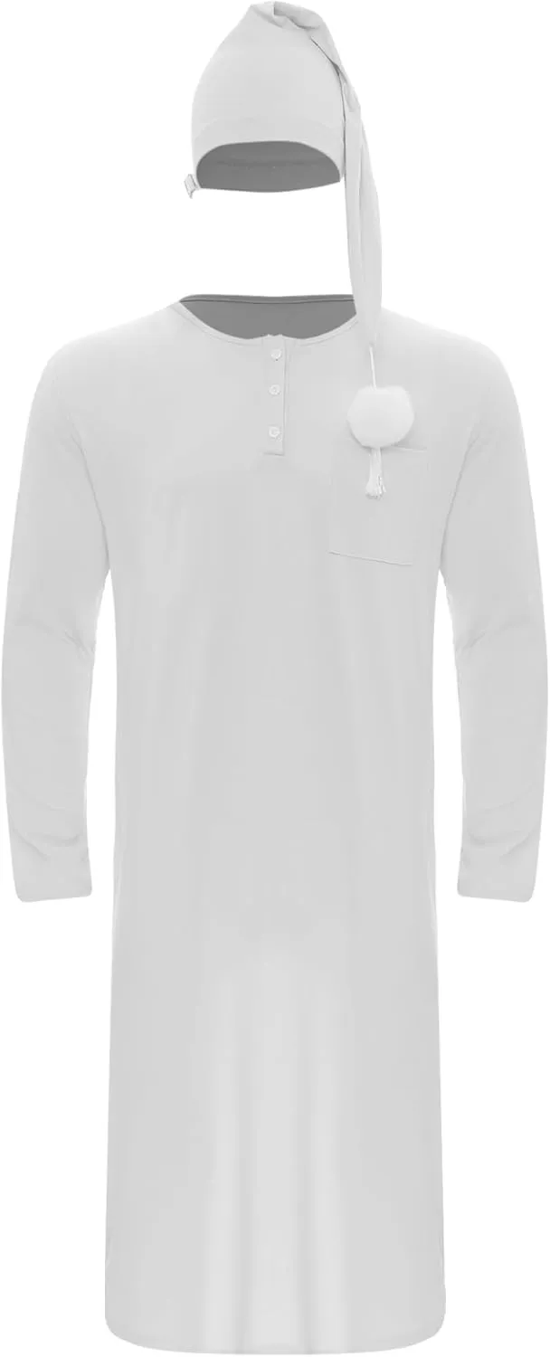 Men's Nightshirt Long Sleeve Nightgown Soft Loose Sleepwear Lightweight Nightwear Sleep Cap