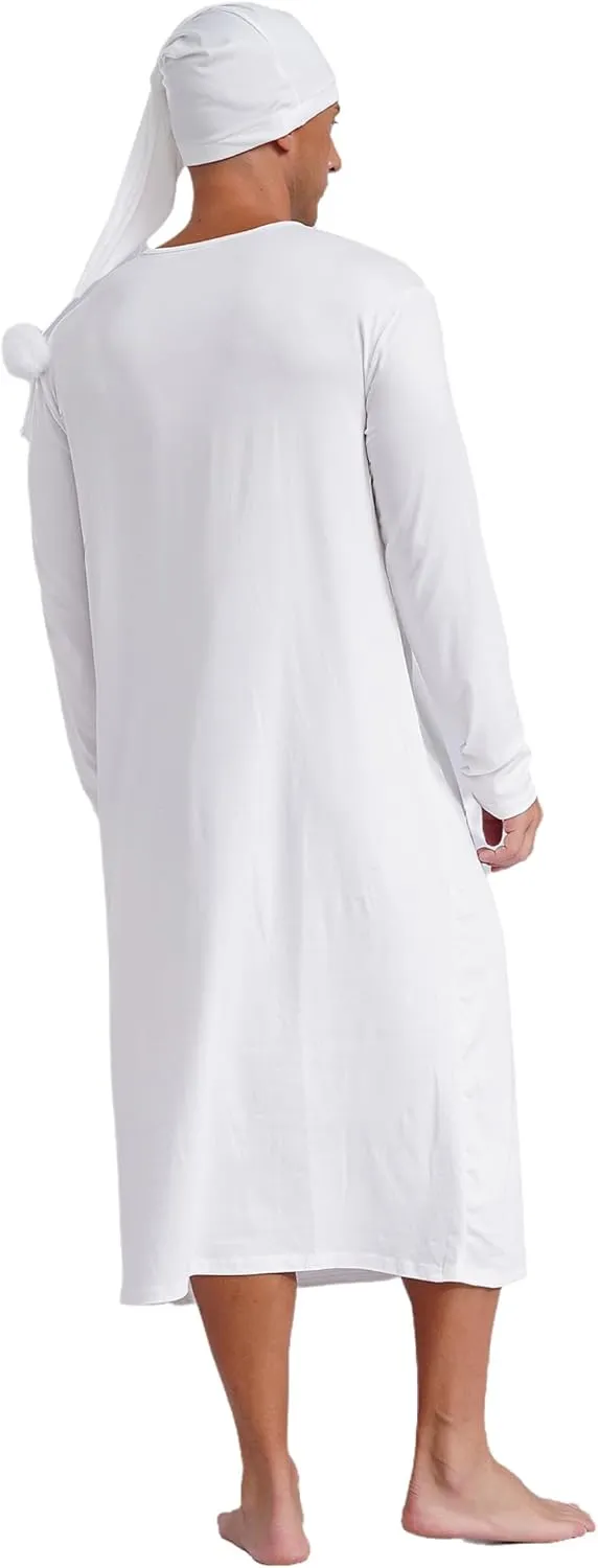Men's Nightshirt Long Sleeve Nightgown Soft Loose Sleepwear Lightweight Nightwear Sleep Cap