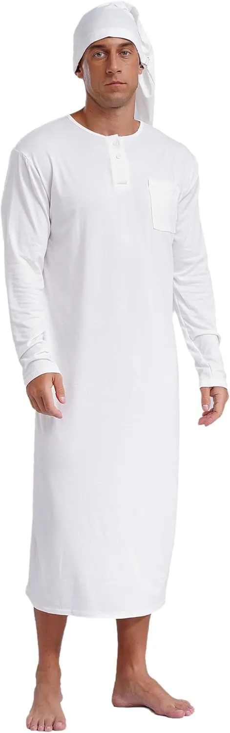 Men's Nightshirt Long Sleeve Nightgown Soft Loose Sleepwear Lightweight Nightwear Sleep Cap