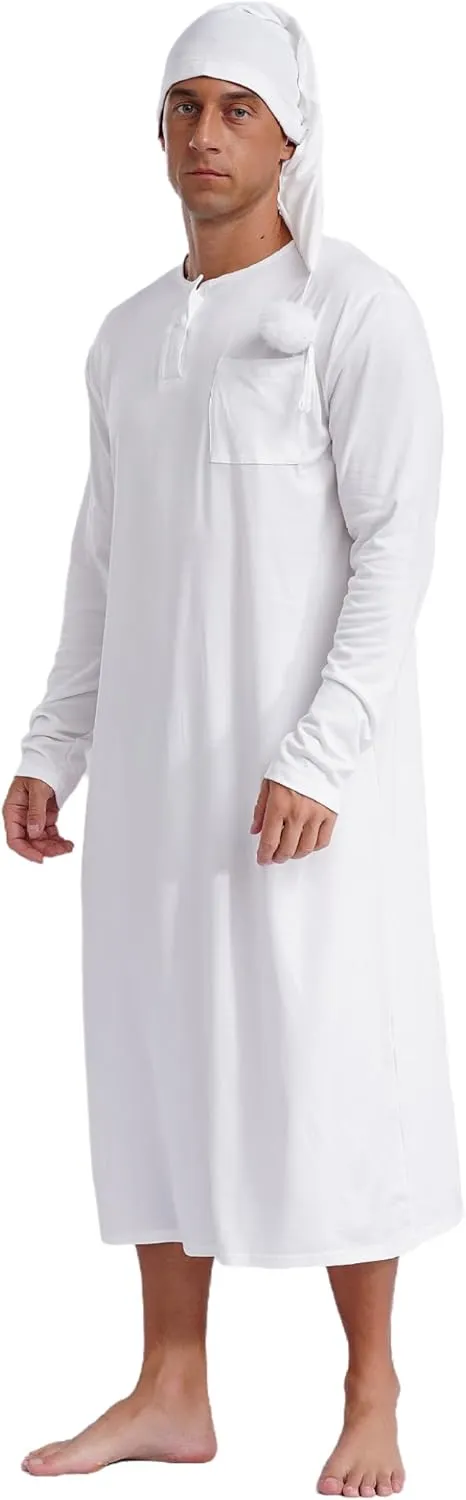 Men's Nightshirt Long Sleeve Nightgown Soft Loose Sleepwear Lightweight Nightwear Sleep Cap