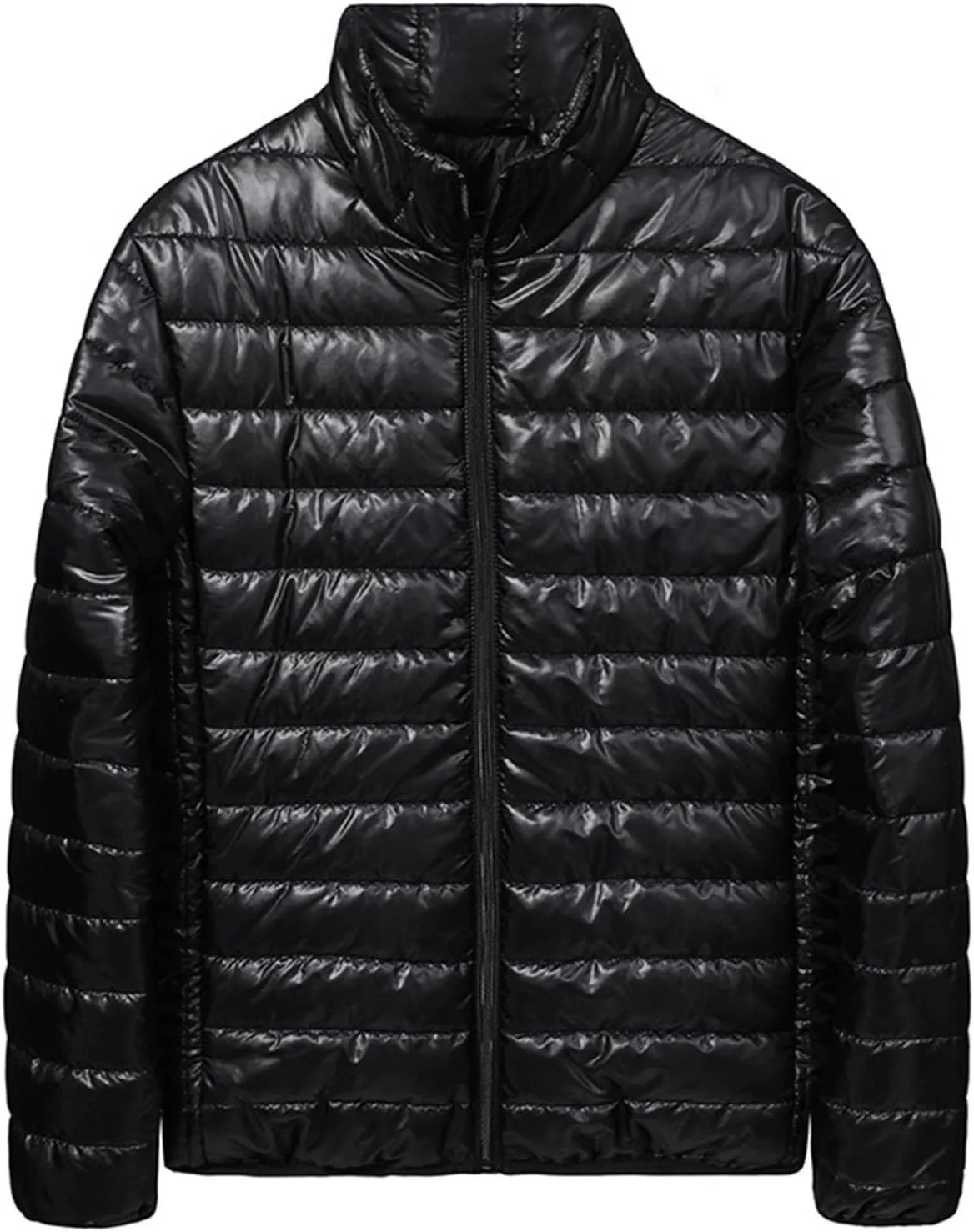 Men's Quilted Down Coat Full Zip Long Sleeve Jackets Mock Neck Solid Color Casual Thick Winter Warm Puffer Outwear