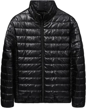 Men's Quilted Down Coat Full Zip Long Sleeve Jackets Mock Neck Solid Color Casual Thick Winter Warm Puffer Outwear