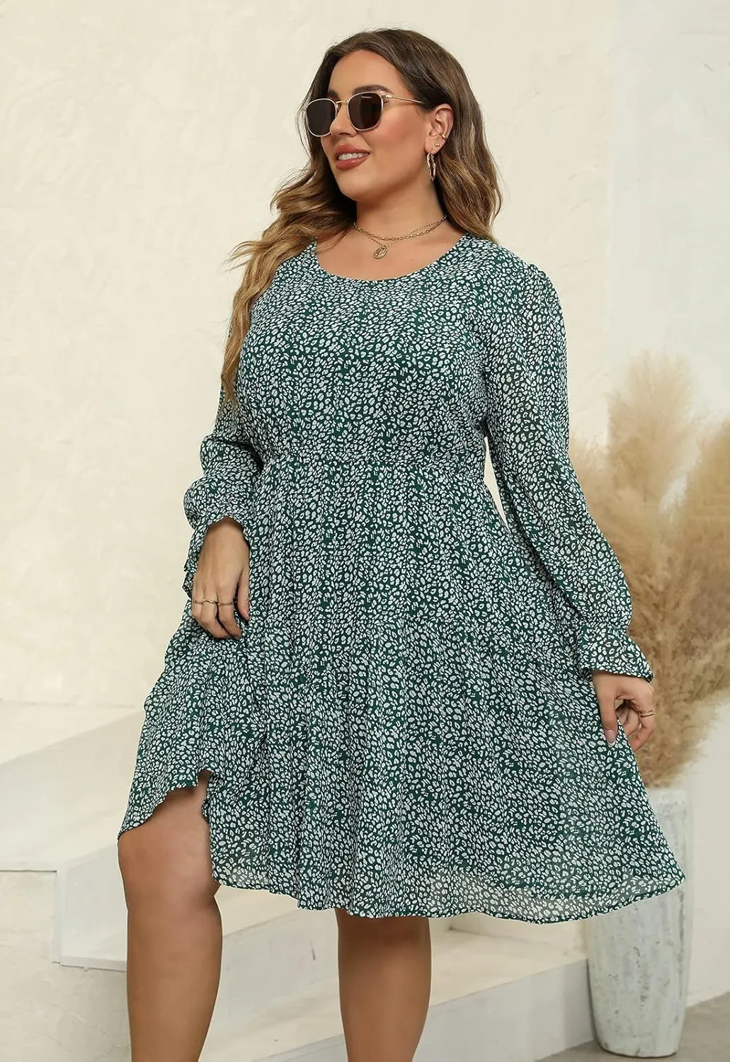 Nemidor Womens Casual Plus Size Long Lantern Sleeve Boho Chiffon Print Midi Skater Dress NEM320