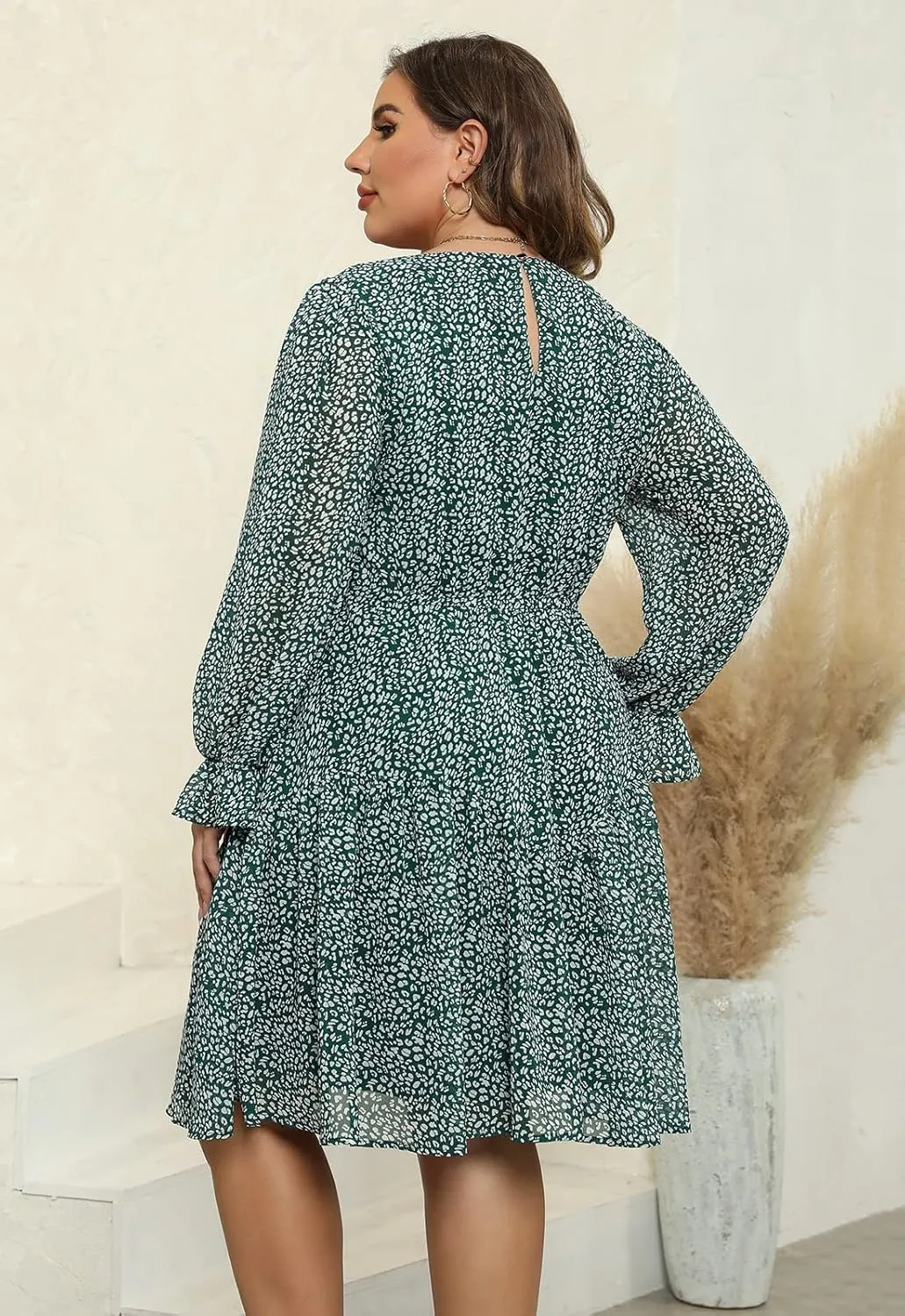 Nemidor Womens Casual Plus Size Long Lantern Sleeve Boho Chiffon Print Midi Skater Dress NEM320