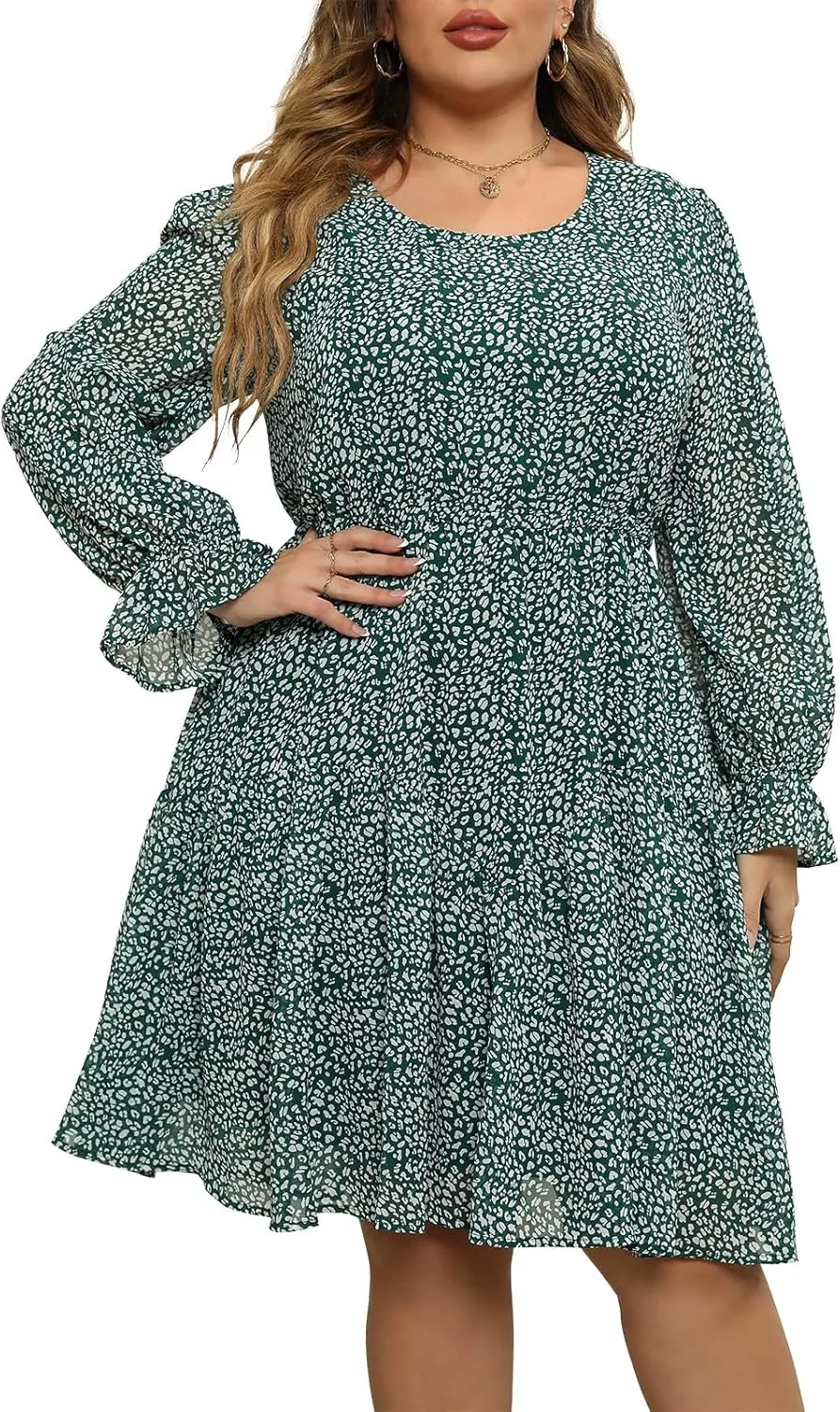 Nemidor Womens Casual Plus Size Long Lantern Sleeve Boho Chiffon Print Midi Skater Dress NEM320