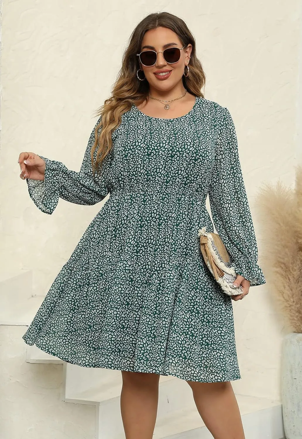 Nemidor Womens Casual Plus Size Long Lantern Sleeve Boho Chiffon Print Midi Skater Dress NEM320
