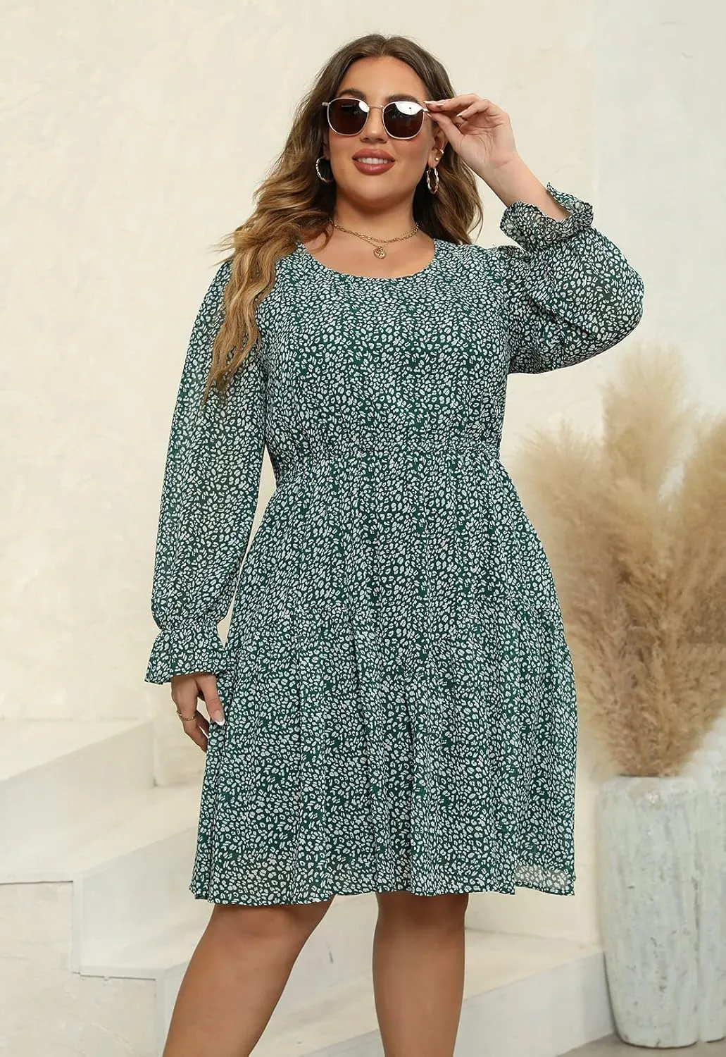 Nemidor Womens Casual Plus Size Long Lantern Sleeve Boho Chiffon Print Midi Skater Dress NEM320