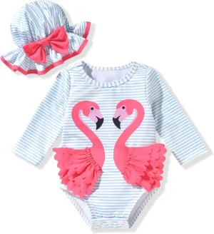 Newborn Infant Baby Girls Long Sleeve Swimsuit with Hat
