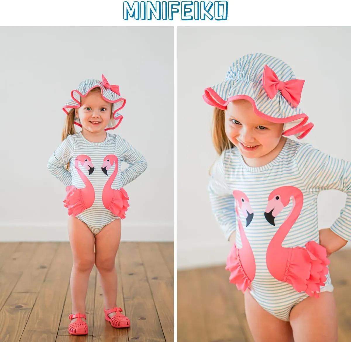 Newborn Infant Baby Girls Long Sleeve Swimsuit with Hat