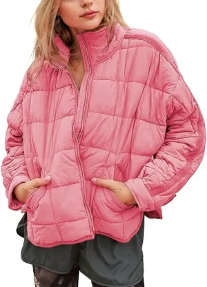 Omoone Women's Quilted Puffer Jacket Zip Up Oversized Lightweight Padded Down Coat Outerwear