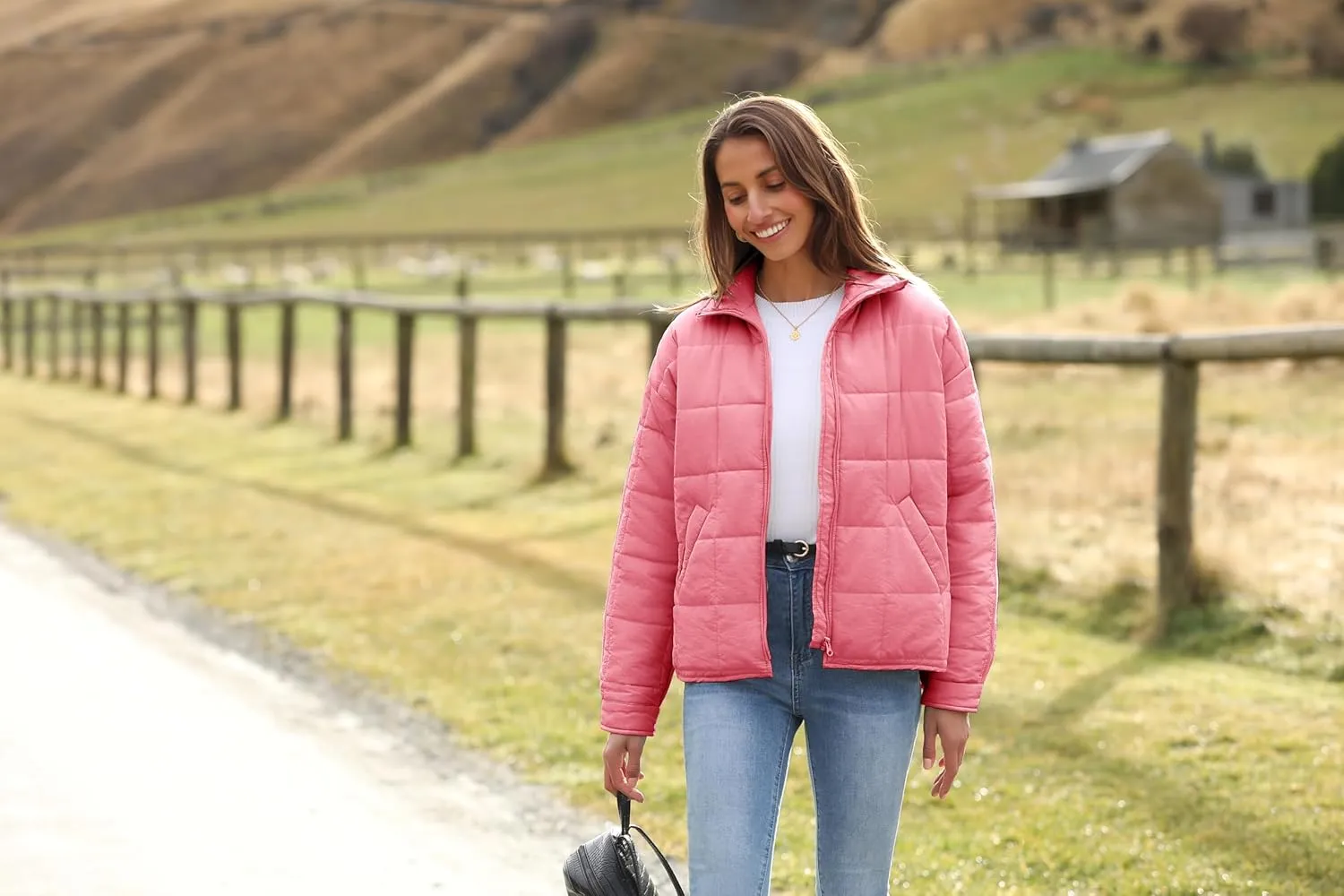 Omoone Women's Quilted Puffer Jacket Zip Up Oversized Lightweight Padded Down Coat Outerwear