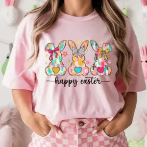 Online Exclusive | Trio Multi colored Painted Bunnies with Bows Graphic Tee in Light Pink
