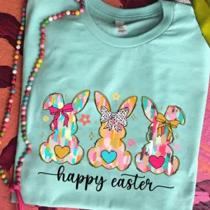 Online Exclusive | Trio Multi colored Painted Bunnies with Bows Graphic Tee in Mint Blue