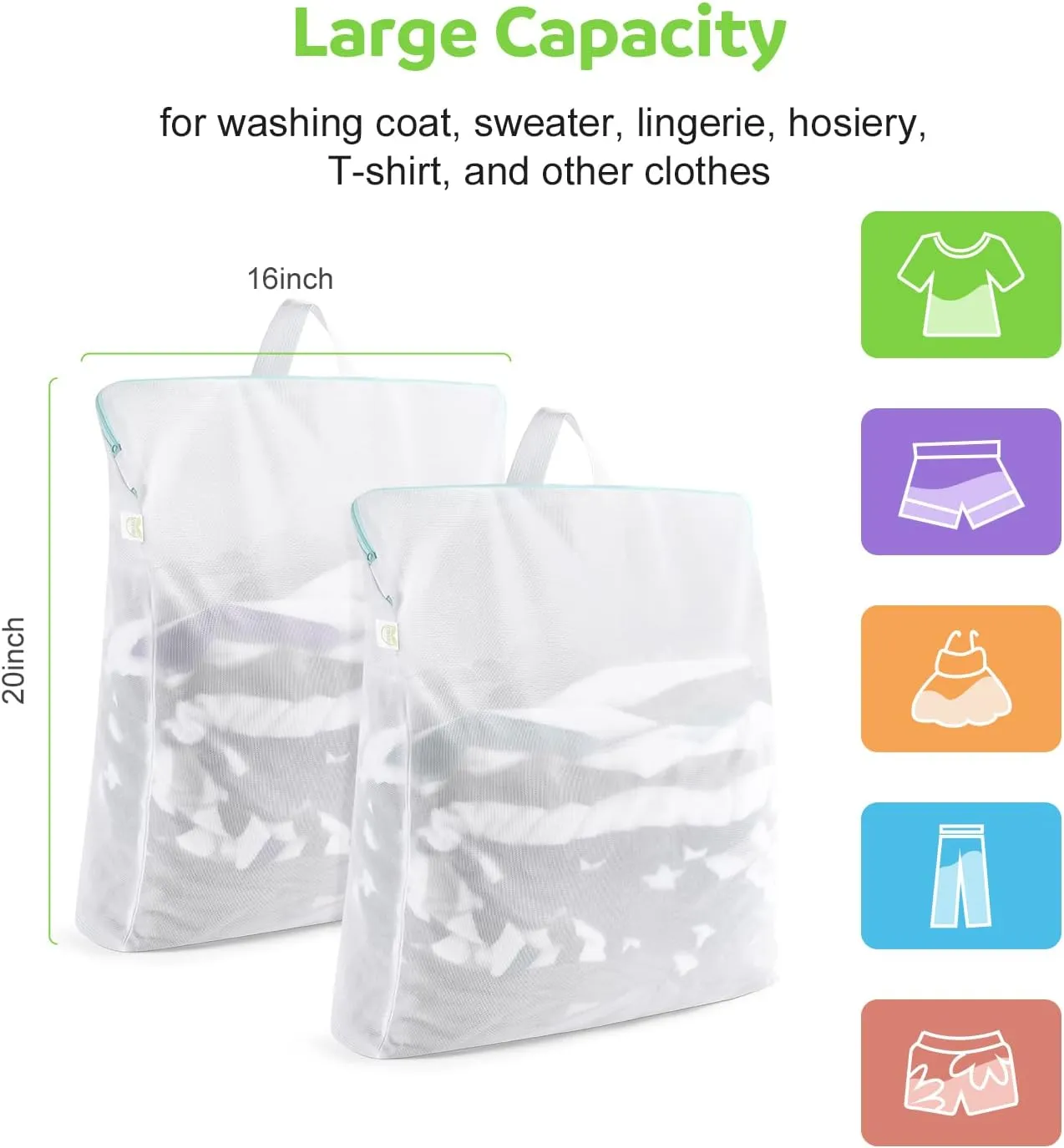 OTraki 2 Pack Mesh Laundry Bag 16x20 inch Wash Bag for Delicates Washing Machine Mesh Bags with Zipper Handle Home Travel Dorm Laundry Bag for Coat Sweater Lingerie Sock White