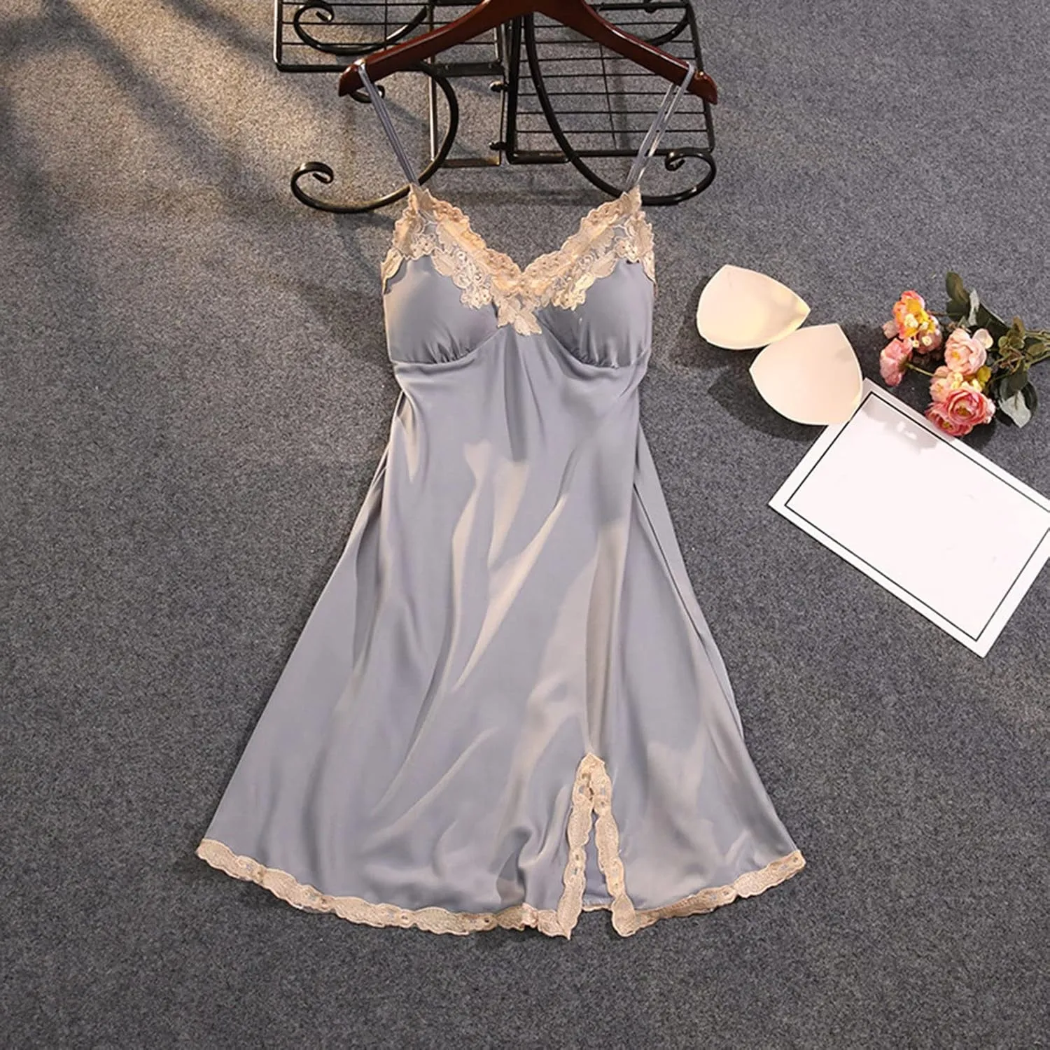 Pajamas For Women Nightgown Womens Nightdress Thin Sexy Suspender Ice Silk Pajamas Lace Lace Slit Chest Pad