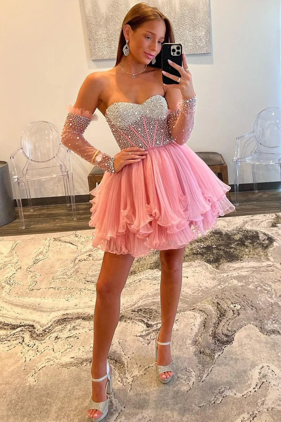 Pink Sweetheart Multi-Layer Beaded Short Gown
