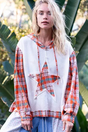POL Hooded Balloon Sleeve Thermal Star Patch Top