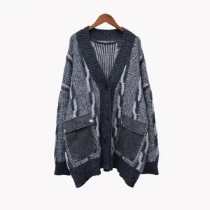 Pre Order:  Spliced Denim Pocket Knit Cardigan