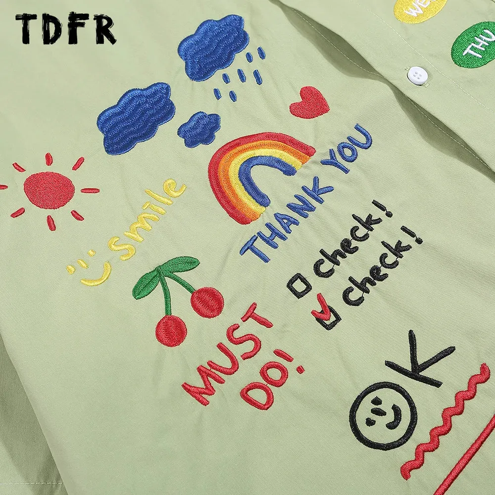 Rainbow Embroidery Short Sleeve Shirts with Lapel and Half-Sleeve
