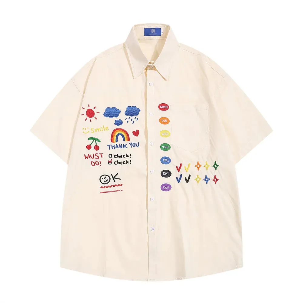 Rainbow Embroidery Short Sleeve Shirts with Lapel and Half-Sleeve