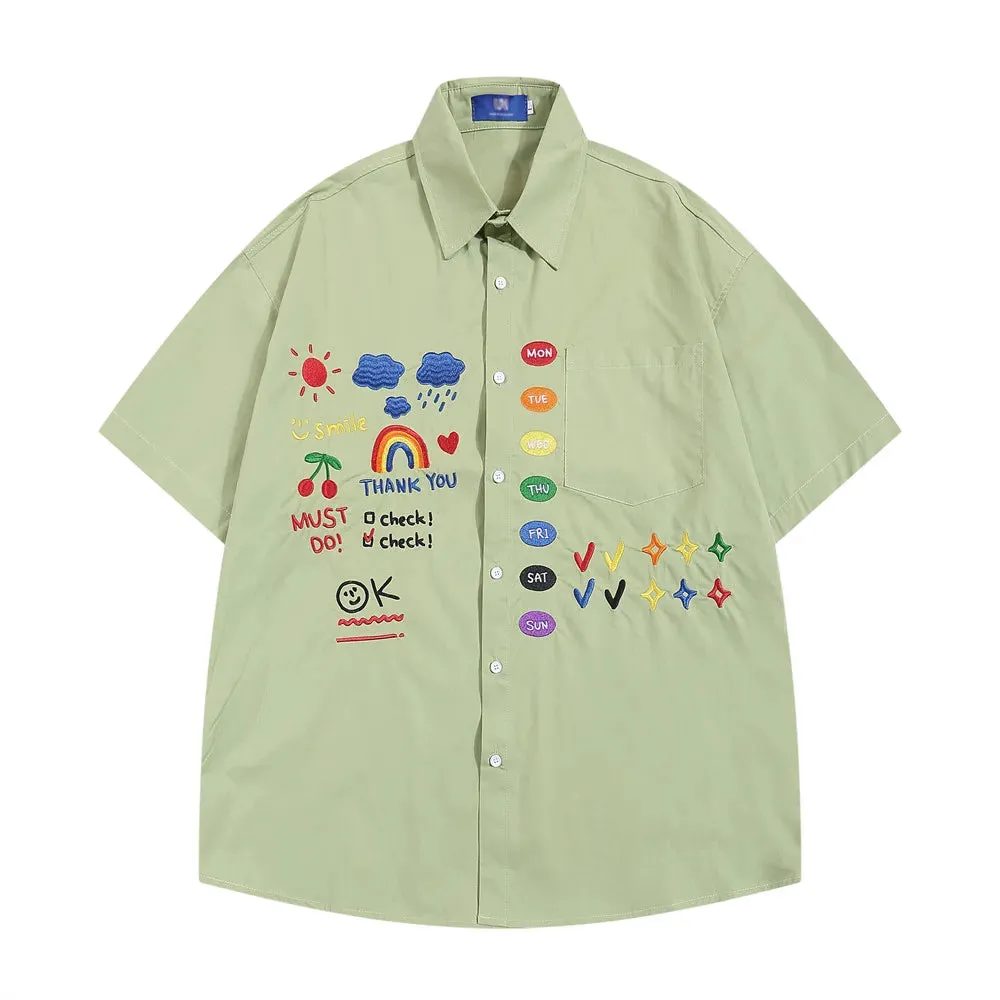 Rainbow Embroidery Short Sleeve Shirts with Lapel and Half-Sleeve