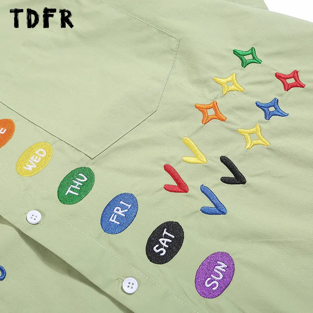 Rainbow Embroidery Short Sleeve Shirts with Lapel and Half-Sleeve