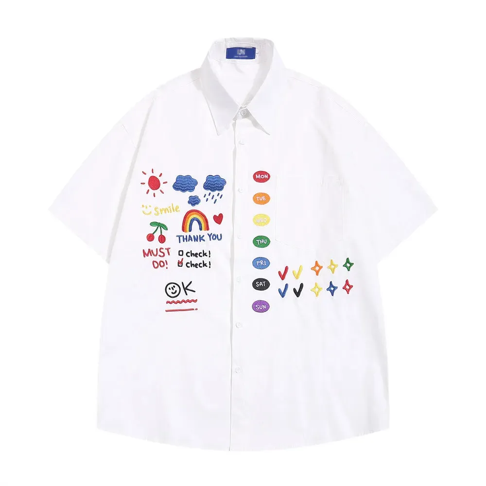 Rainbow Embroidery Short Sleeve Shirts with Lapel and Half-Sleeve