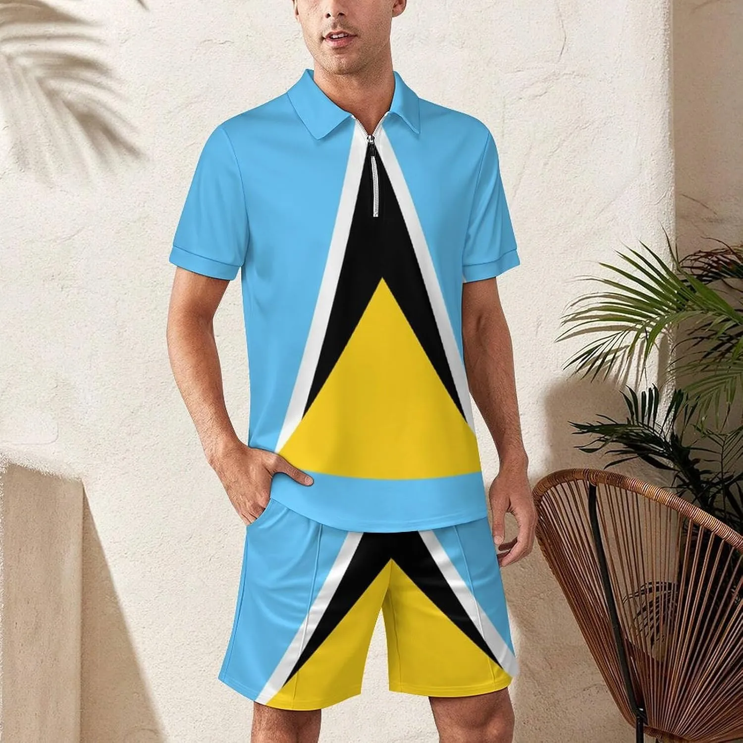 Saint Lucia Flag Men's Polo Shirt Top And Shorts Sets 2 Piece Short Sleeve Outfits