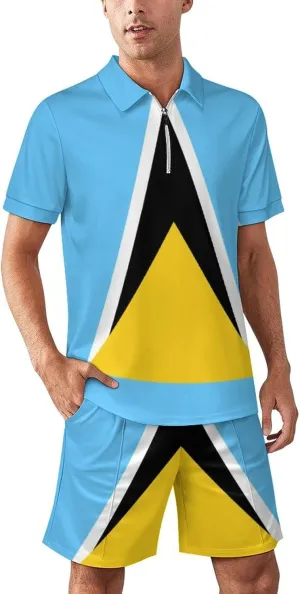 Saint Lucia Flag Men's Polo Shirt Top And Shorts Sets 2 Piece Short Sleeve Outfits
