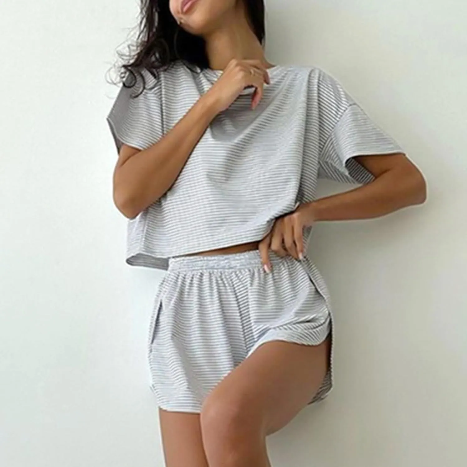 Sereluxe Pajama Set, Split Shorts Pajama Set, Soft & Seductive Pajama Set Women Striped Split Short Pajama Sets(Black,Large)