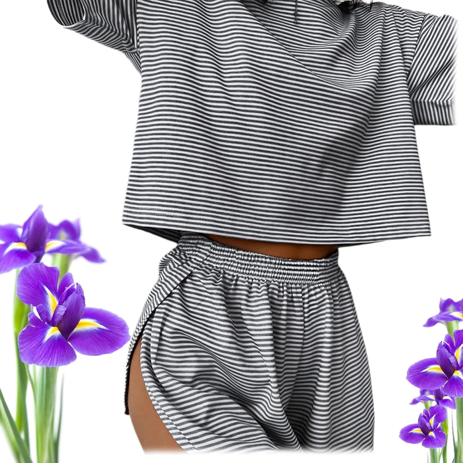 Sereluxe Pajama Set, Split Shorts Pajama Set, Soft & Seductive Pajama Set Women Striped Split Short Pajama Sets(Black,Large)