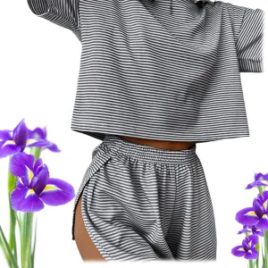 Sereluxe Pajama Set, Split Shorts Pajama Set, Soft & Seductive Pajama Set Women Striped Split Short Pajama Sets(Black,Large)
