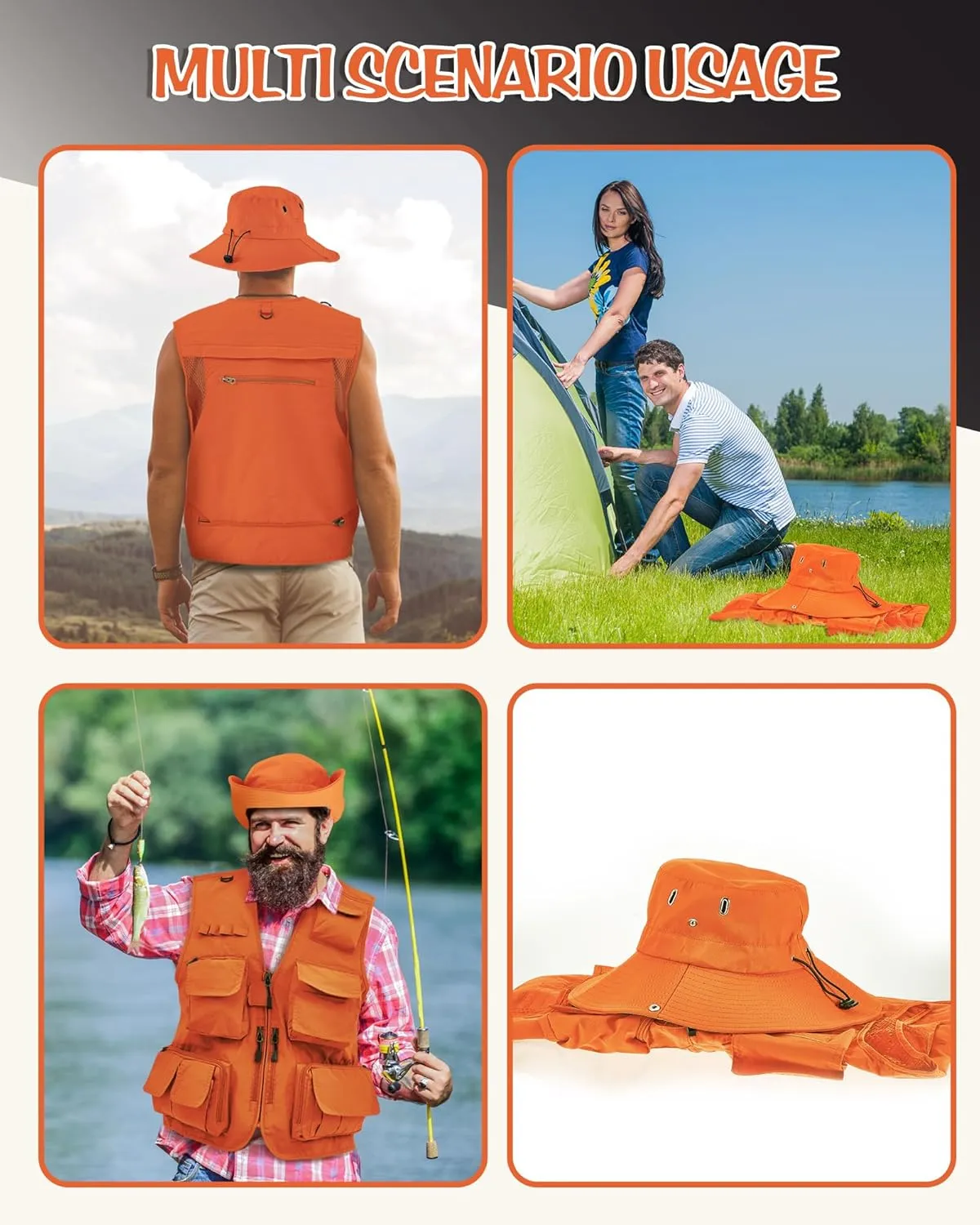 Shihanee 2 Pcs Fishing Vest and Hat for Men Multi Pocket Safari Vest Jacket for Outdoor Work Summer Travel Cargo Hunting