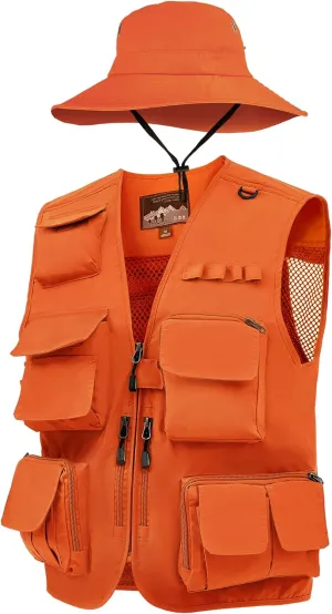 Shihanee 2 Pcs Fishing Vest and Hat for Men Multi Pocket Safari Vest Jacket for Outdoor Work Summer Travel Cargo Hunting