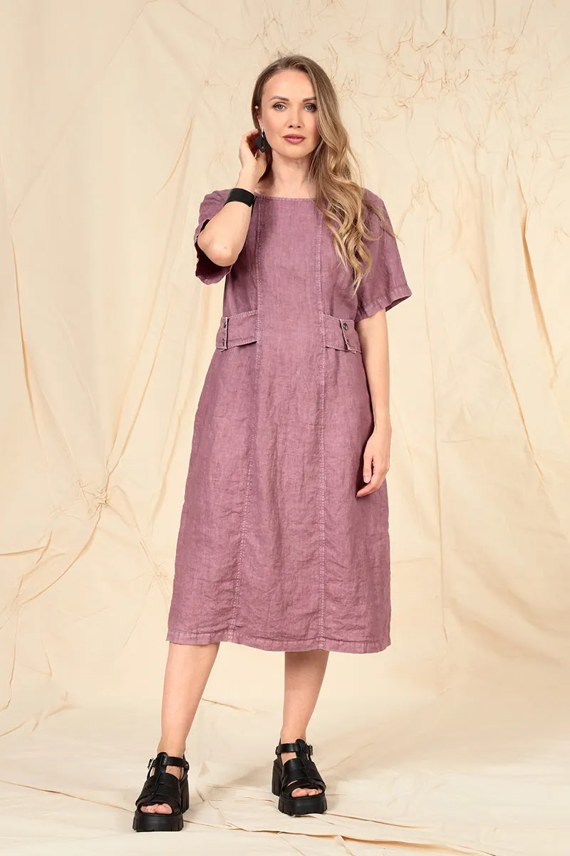 Side Pins Off-Dye Mauve Taupe Linen Dress