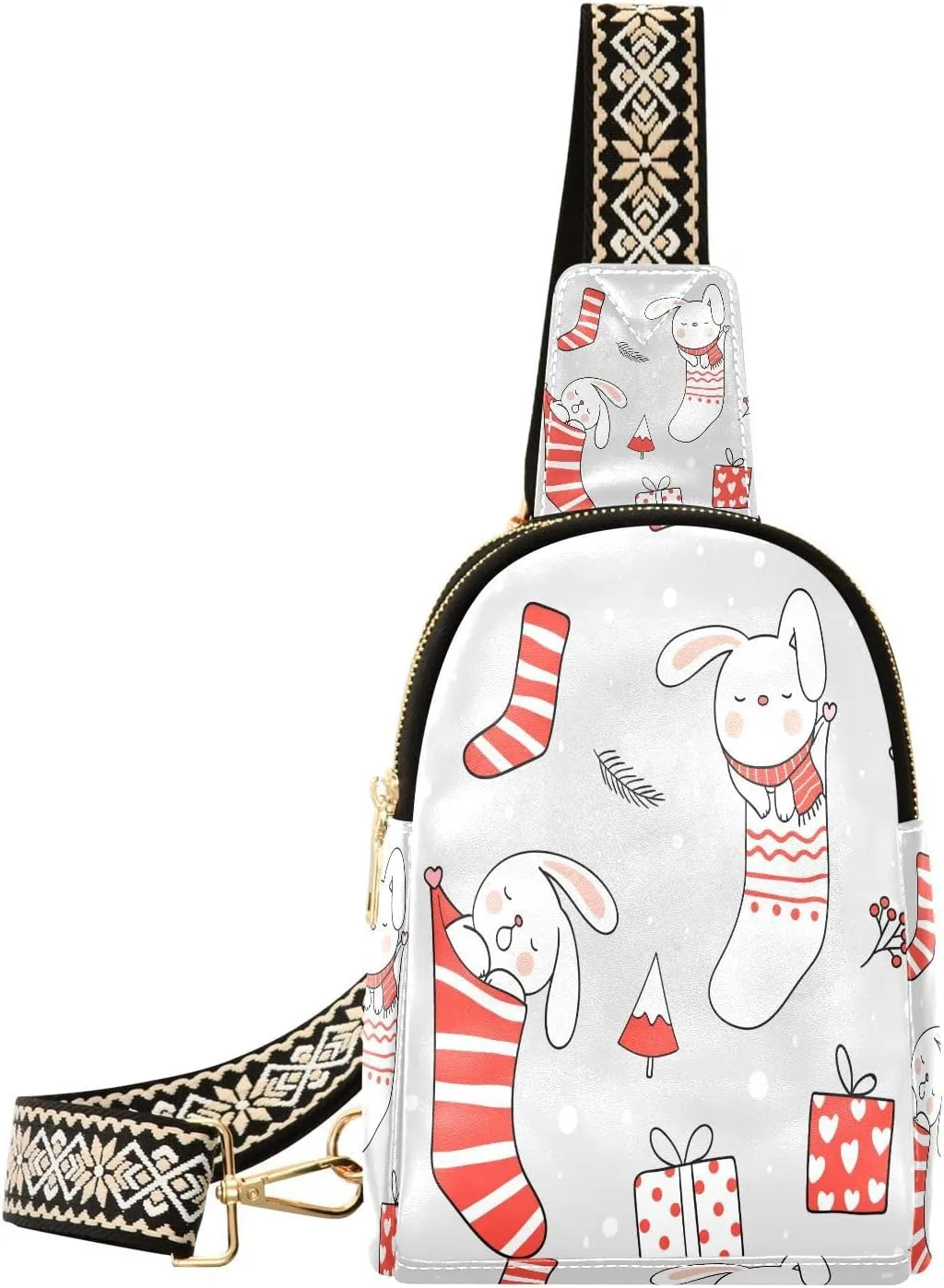 Small Sling Bag Fanny Packs Crossbody Bags for Women Rabbit Sleep in Christmas Sock Leather Fashion Chest Bag Belt Bag for Women for Travel Sports Running Hiking