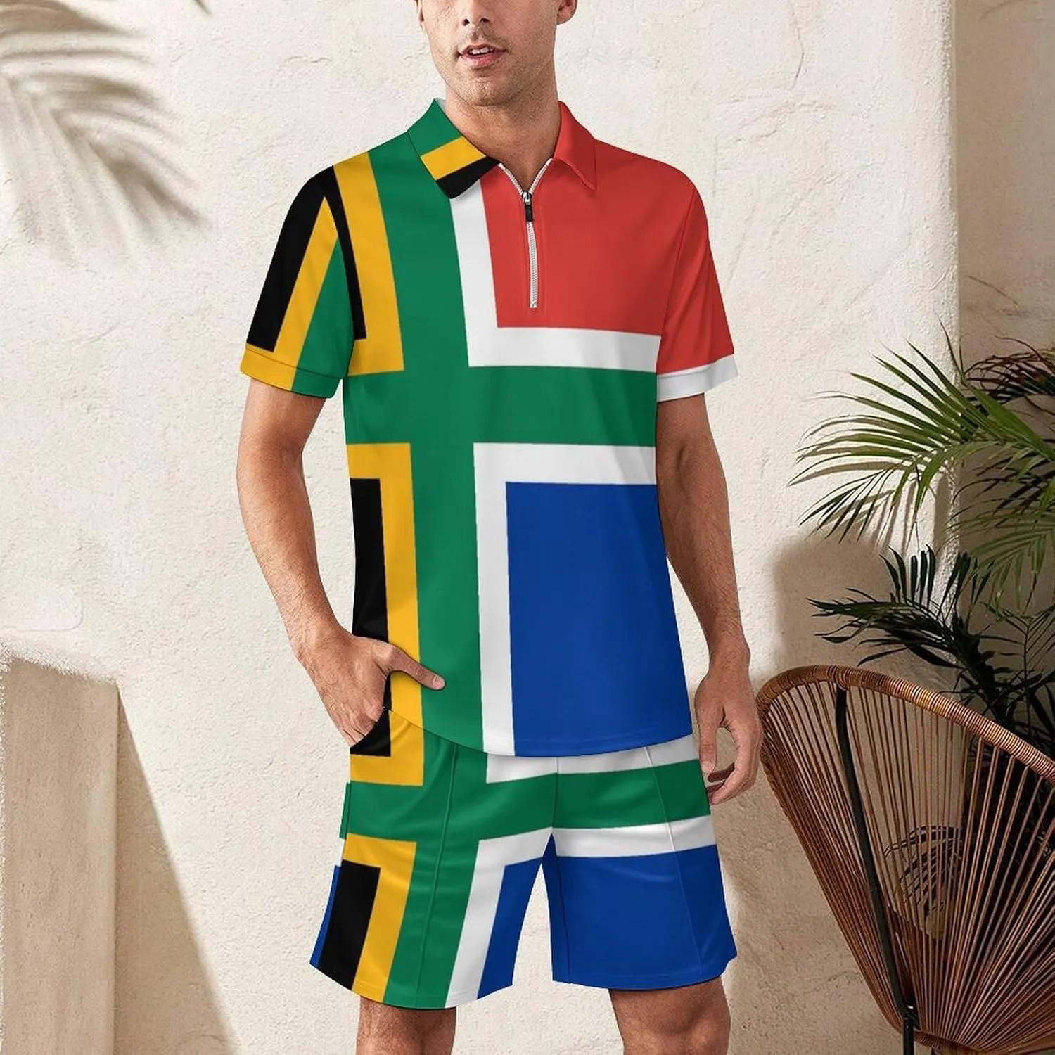 South African Nordic Cross Flag Men's Polo Shirt Top And Shorts Sets 2 Piece Short Sleeve Outfits
