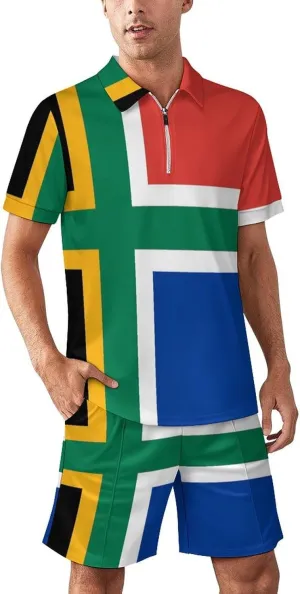 South African Nordic Cross Flag Men's Polo Shirt Top And Shorts Sets 2 Piece Short Sleeve Outfits