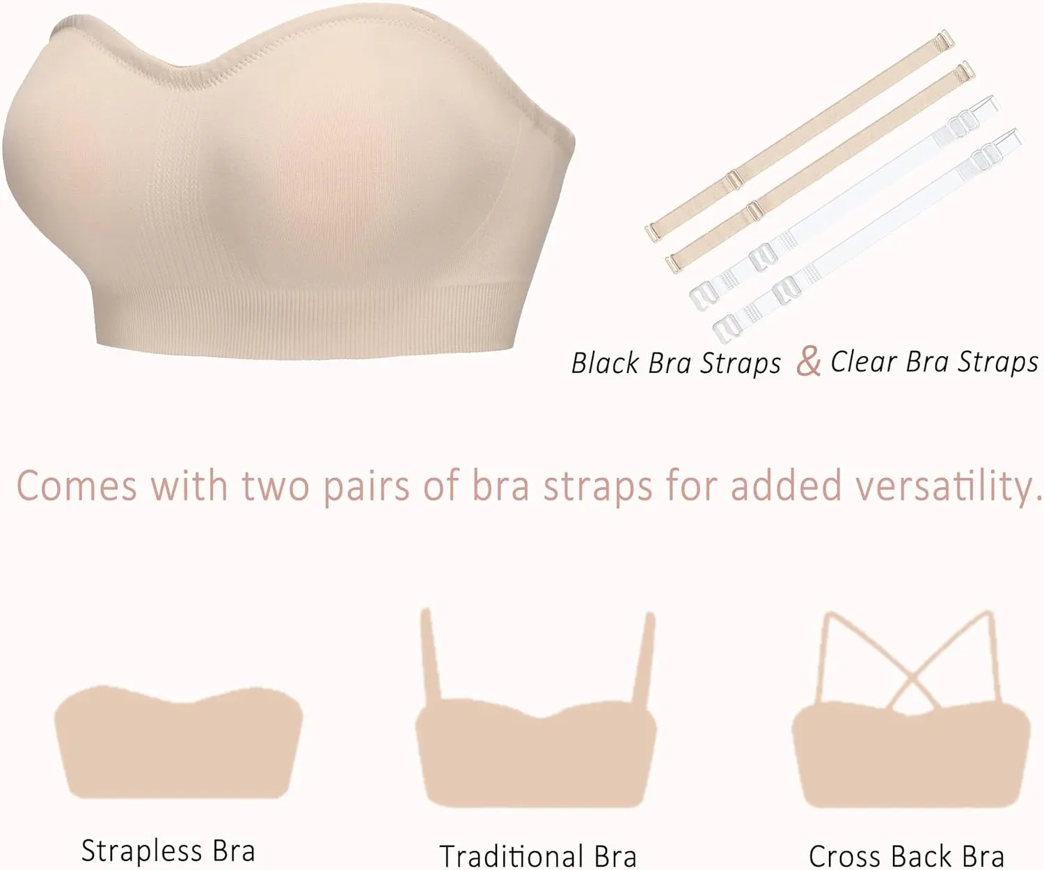 Strapless Bras for Women-Push-Up Non-Slip Bandeau Bra,Seamless Wirefree Padded Tube Top Convertible Straps Bralette