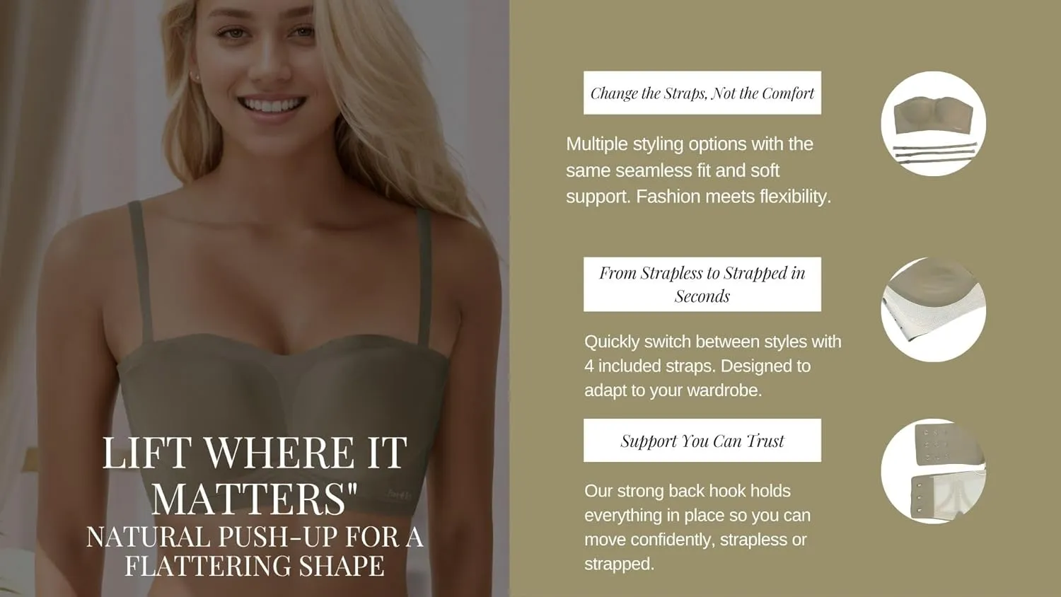 Strapless Push Up Bra for Women  Convertible, Seamless, No-Slip Bra for Backless & Off-Shoulder Outfits