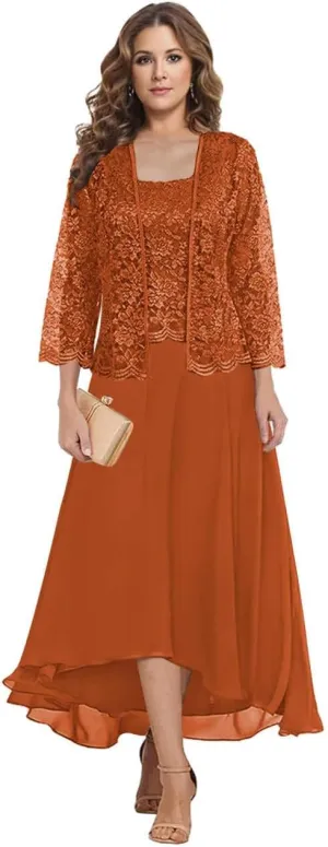 Tea Length Mother of The Bride Dresses for Wedding Square Neck A Line Lace Chiffon Formal Gown with Jacket