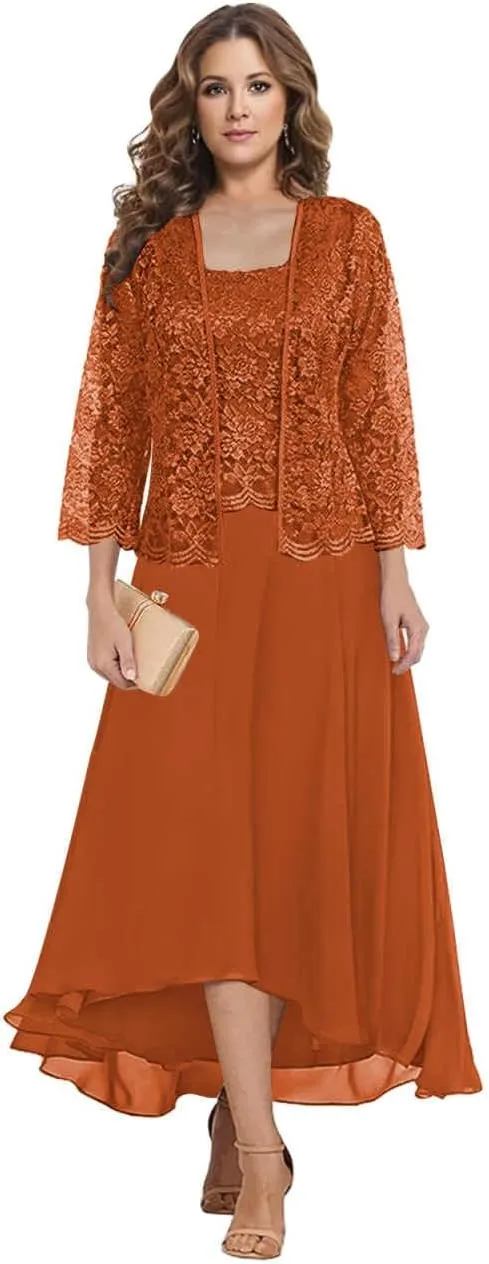 Tea Length Mother of The Bride Dresses for Wedding Square Neck A Line Lace Chiffon Formal Gown with Jacket