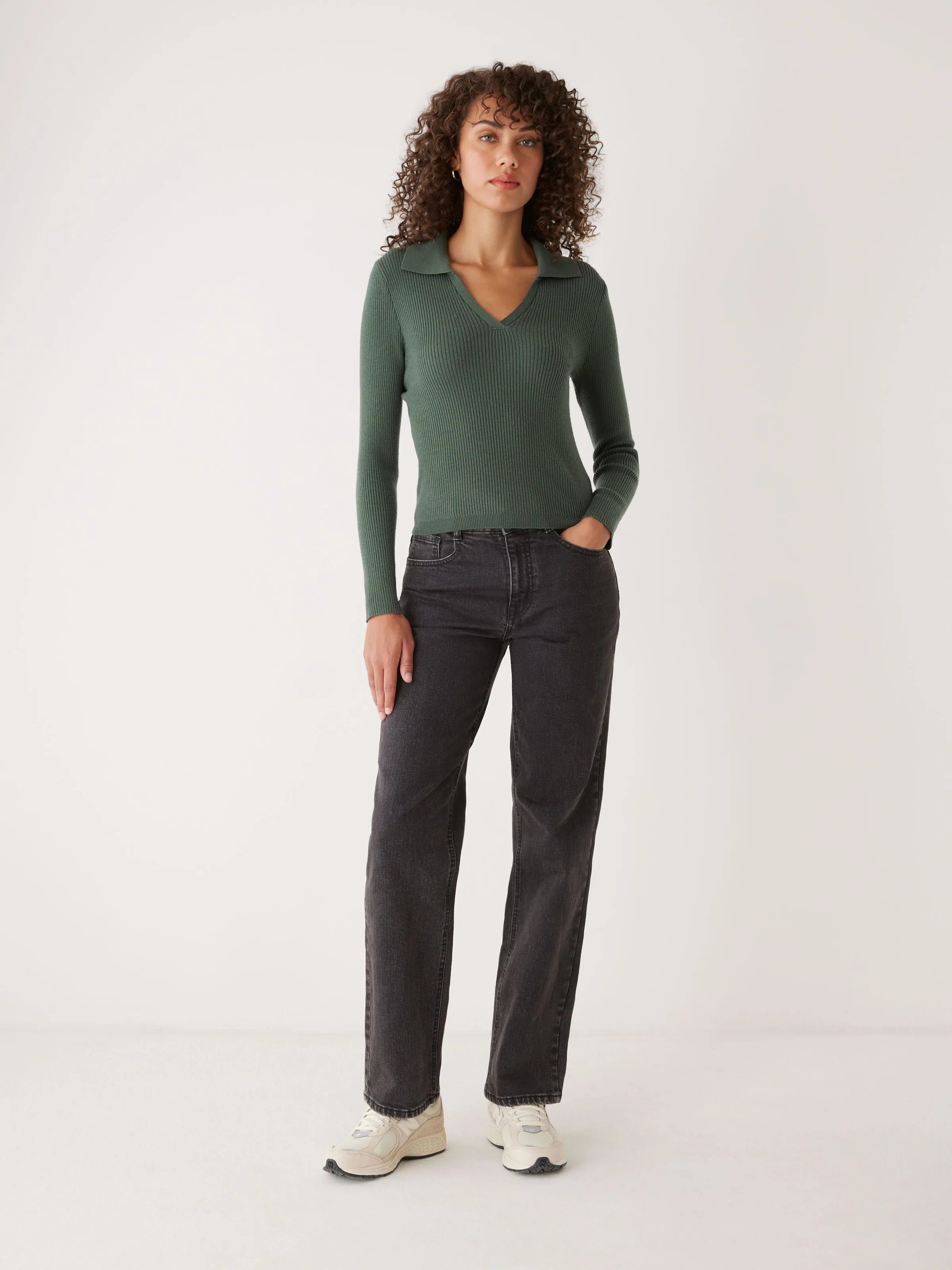 The Merino Johnny Collar Sweater in Evergreen