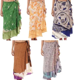 Two Layer Magic Wrap Around Skirt Women Cute Girls Reversible Dress Silk Sari Maxi Long Casual Beachwear Skirt