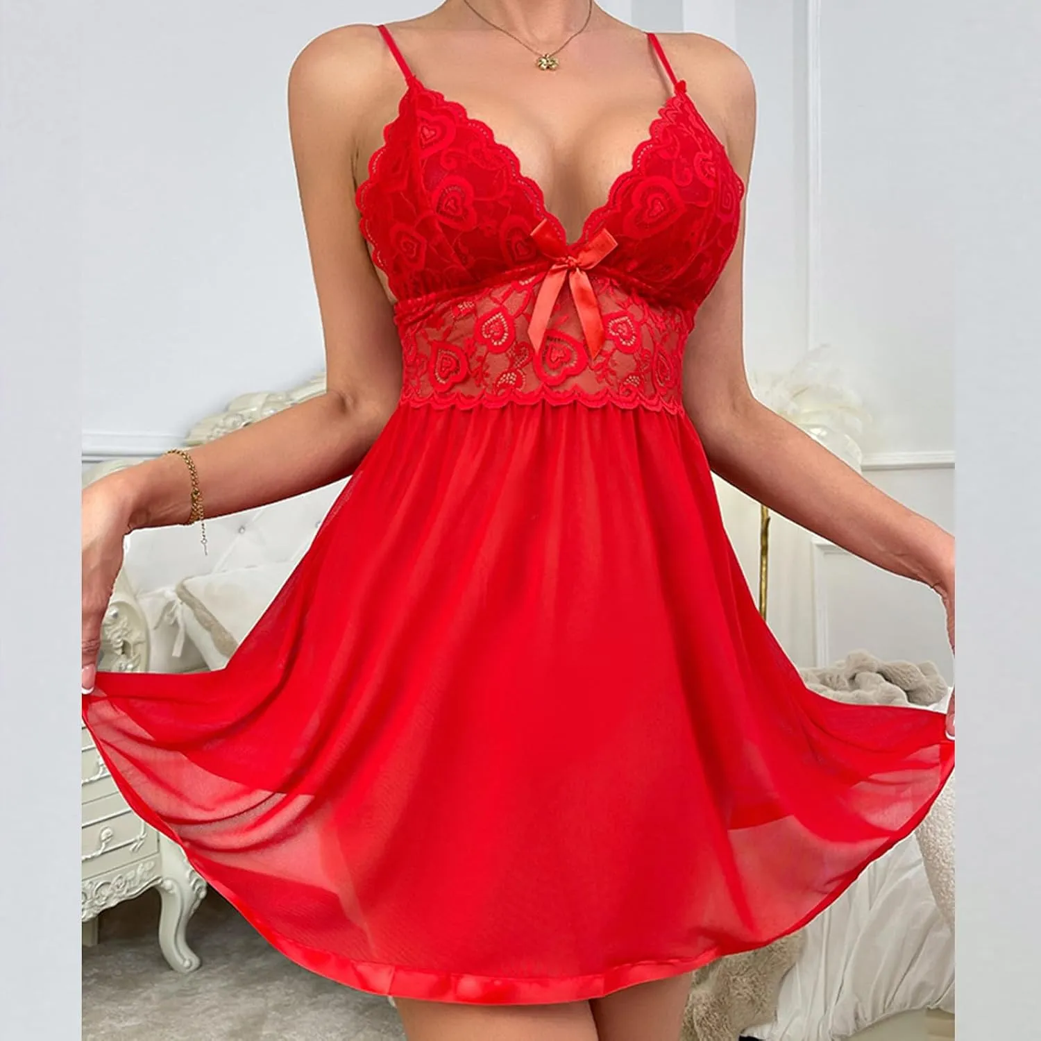 Uillui Women Lingerie Lace Babydoll Mesh Nightgown Chemise Wedding Bride Nighty Teddy V Neck Sleepwear Sexy Ladies Pajamas