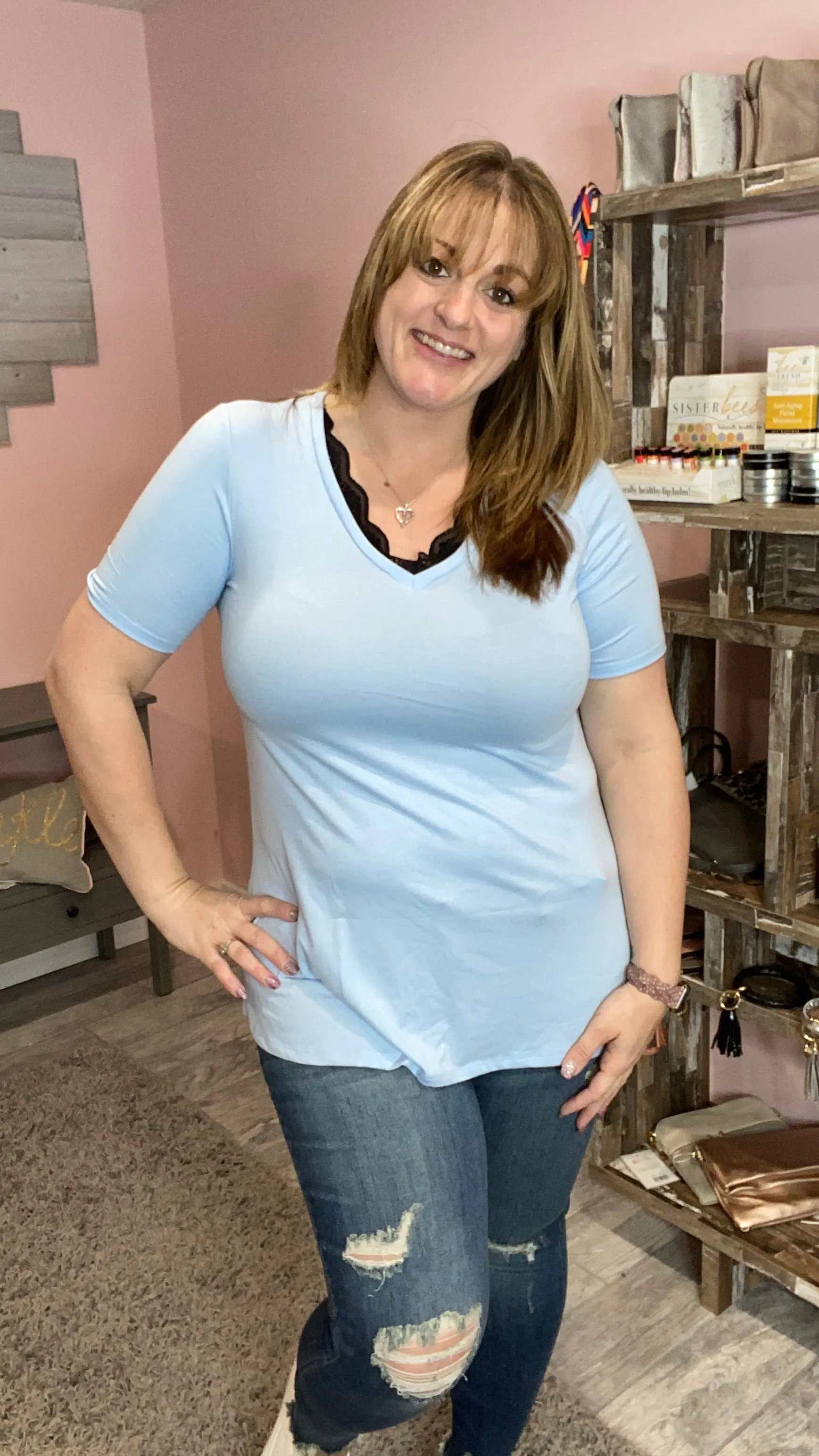 V-Neck Tee with Lace Trim