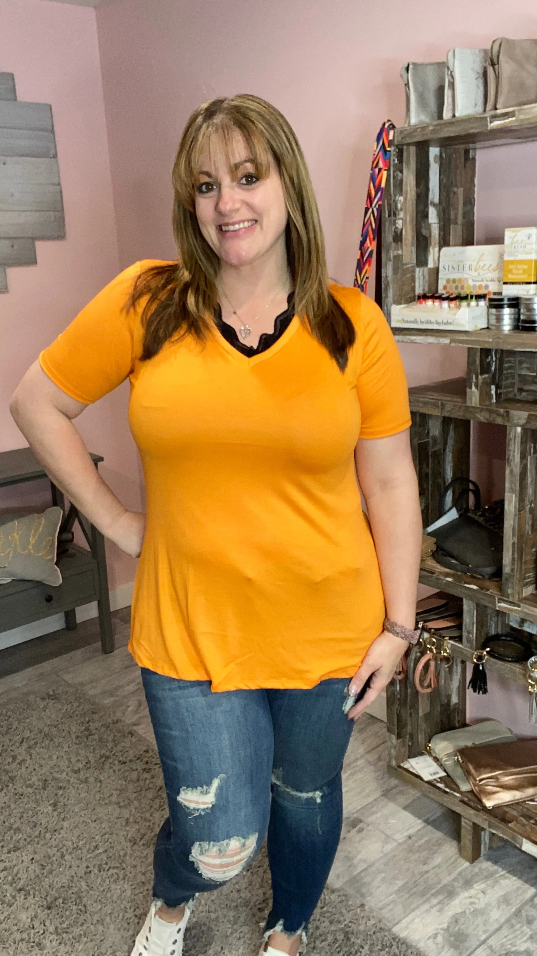V-Neck Tee with Lace Trim