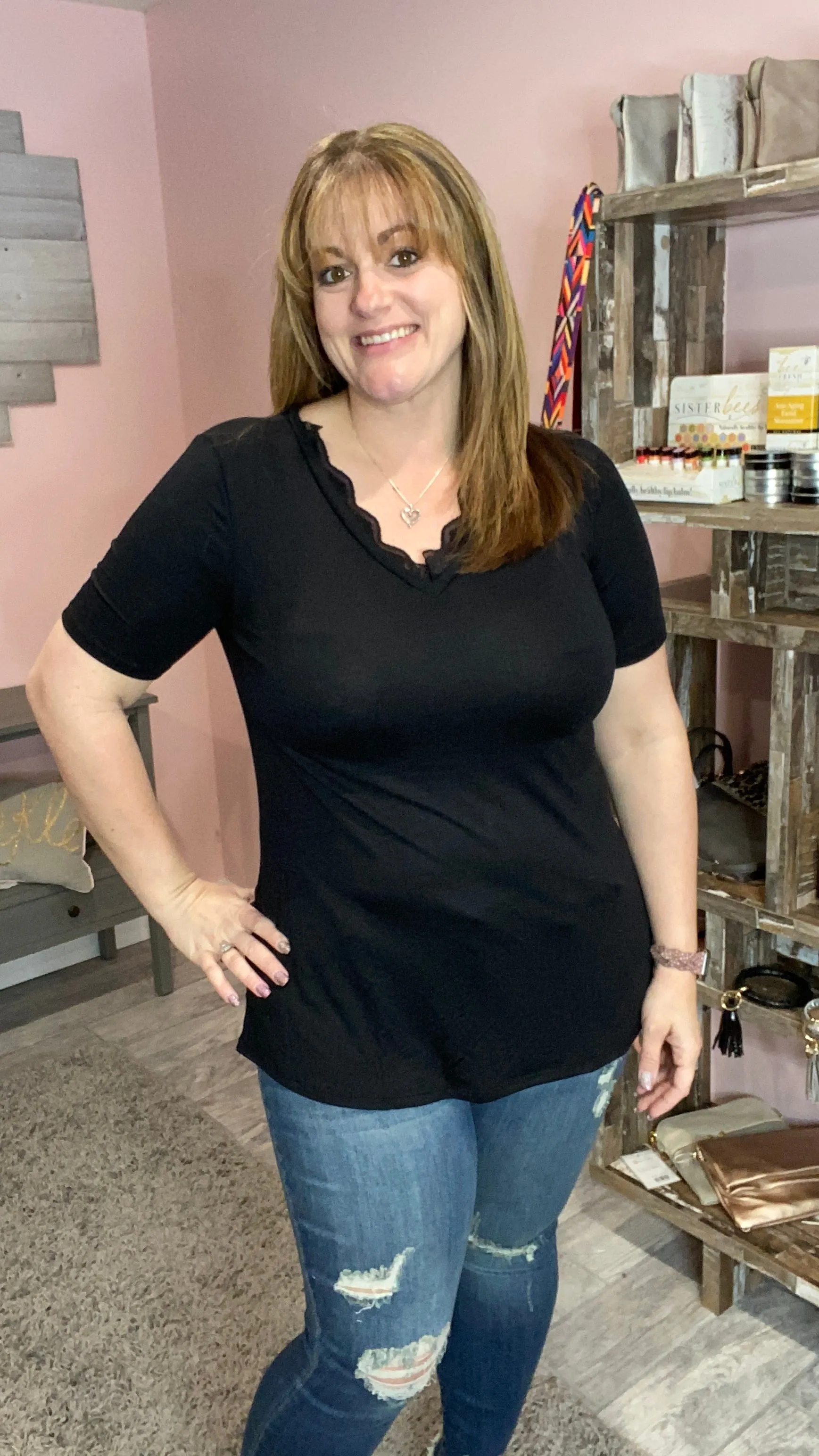 V-Neck Tee with Lace Trim